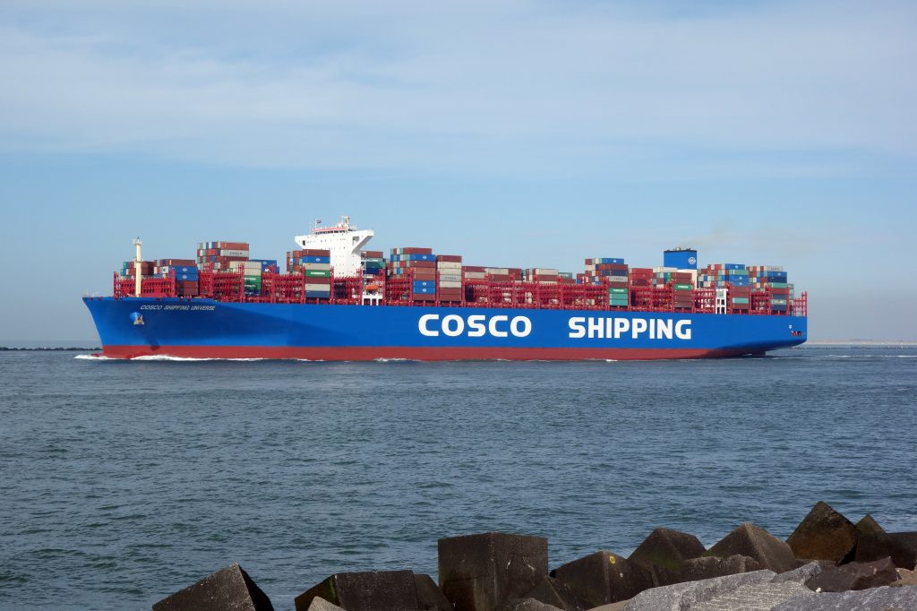 The container ship COSCO Shipping Universe leaves the port of Rotterdam on 22 May 2019.